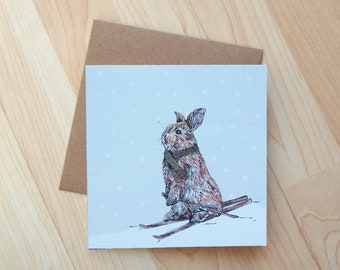 Skiing Bunny Illustration Christmas Card printed onto eco friendly card