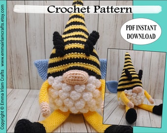 May include: Crochet pattern for a bee gnome with black and yellow striped hat, black horns, and blue wings. PDF instant download.