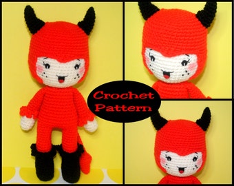 May include: A crochet pattern for a red devil costume with black horns and a white face. The pattern includes instructions for making the head, body, and legs of the devil.