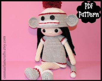 Sarah, modèle de Crochet de poupée, modèle de Crochet de singe de chaussette, poupée d'Amigurumi, modèle de poupée de Crochet, poupée de singe de chaussette, modèle d'Amigurumi,