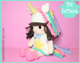 Doll Crochet Pattern, Unicorn Girl Doll, Amigurumi Doll, Unicorn Amigurumi, Unicorn Plush, Unicorn Plushie, Unicorn Toy, Crochet Doll,