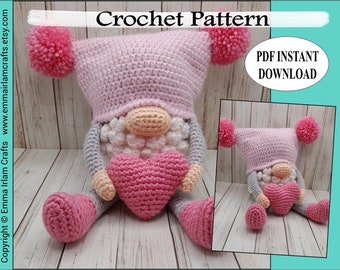 Gnome Crochet Pattern, Love Gnome, Crochet Love Gnome, Gnome Toy, Gnome Plush, Crochet Pattern Download, Love, Crochet Love Heart,