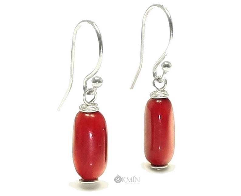 Red Coral Drop Earrings with Sterling Silver by OKMIN Handmade Red Coral Jewellery 35th Anniversary Gift Idea for Her Free UK P/&P E1219CBC