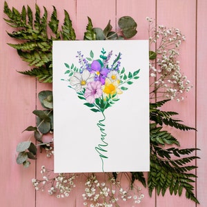 Bloemenverjaardagskaart voor moeder | bos bloemen met kalligrafiestengel | Bloemenkaart voor mama