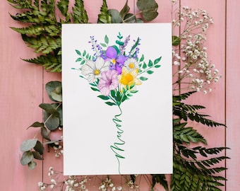 Carte de fête des mères | bouquet de fleurs avec tige de calligraphie | carte florale pour maman