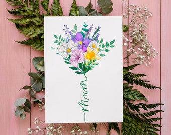 Carte de fête des mères | bouquet de fleurs avec tige de calligraphie | carte florale pour maman