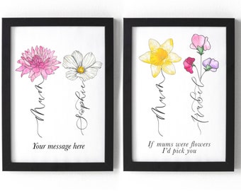 Mother's day gift- mum and daughter flower print - two birth flowers with names in calligraphy