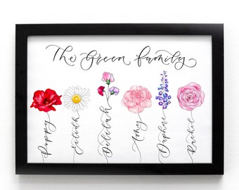 Personalised Family flower print | Family birth flowers print Stem with names created with hand-lettered calligraphy - mothers day gift