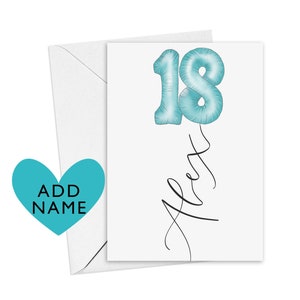 Biglietto personalizzato per il 18° compleanno/palloncino verde acqua per il 18° compleanno con nome in calligrafia/opzione per inviare il biglietto direttamente con un messaggio all'interno