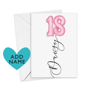 Cartão de aniversário de 18 anos personalizado | balão rosa de aniversário de 18 anos com nome em caligrafia | opção de enviar cartão direto com mensagem dentro