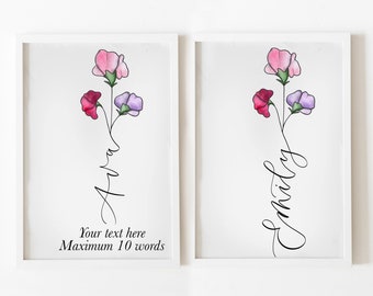 April birth flower print | custom sweet peas flower name print - personalised with calligraphy - sweet peas print