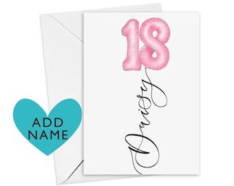 Personalised 18th birthday card | pink 18th birthday balloon with name in calligraphy | option to send card direct with a message inside