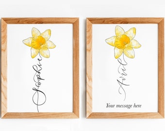 Personalised Daffodil print | custom flower name print  | March birth month flower Daffodil - Daffodil name print