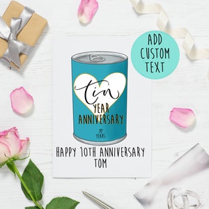 Tarjeta del décimo aniversario - Tarjeta de aniversario personalizada en lata - Tarjeta en lata de frijoles - Tarjeta de aniversario divertida para el décimo aniversario