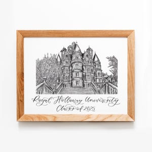 Impresión personalizada de la Universidad Royal Holloway: ilustración del edificio de los fundadores con caligrafía. Regalo de graduación de Royal Holloway para la clase de 2025.