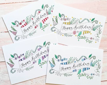 Floral Happy Birthday Card: Hand-drawn Calligraphy Design