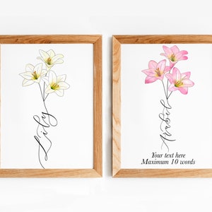 Impresión de lirios personalizada, flor de nacimiento de mayo, impresión de lirios personalizada con caligrafía