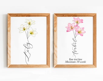 Personalised lily print, May birth flower, lilies print personalised with calligraphy