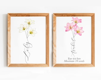 Personalised lily print, May birth flower, lilies print personalised with calligraphy