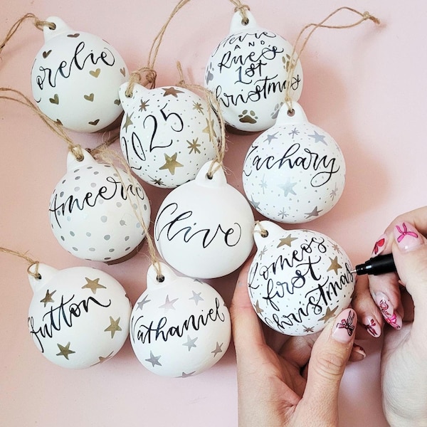 Personalised bauble: Christmas decoration personalised with name or message in hand lettered calligraphy