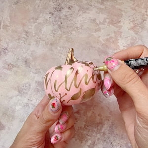 Pu&ograve; includere: Una piccola zucca decorativa rosa chiaro con un picciolo color oro metallizzato, caratterizzata da una calligrafia dorata dipinta a mano che riporta la scritta "Millie" e decorazioni a foglia d'oro. Si usa un pennarello dorato sulla zucca.