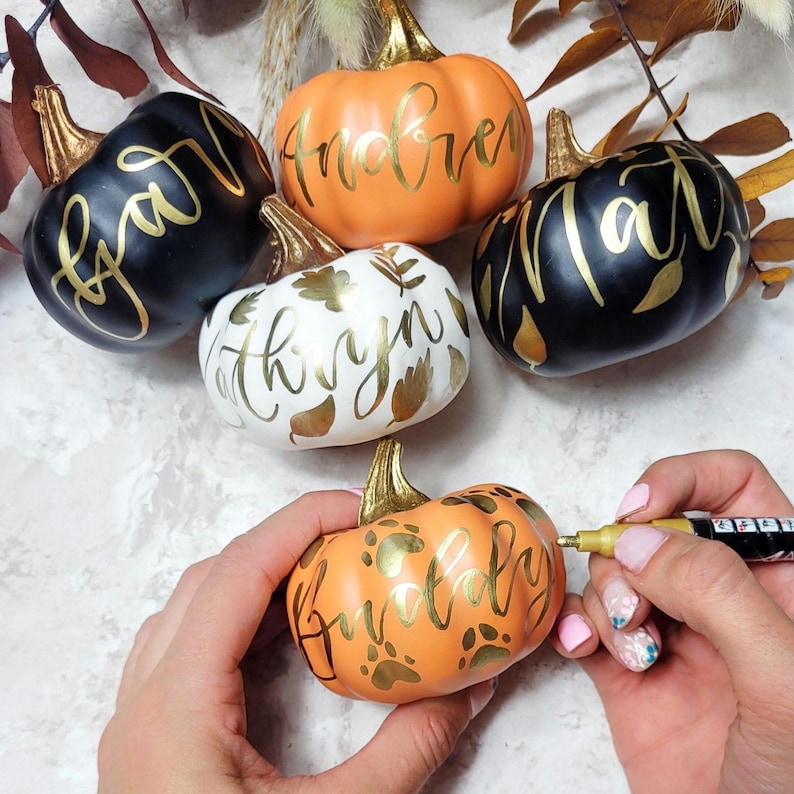Pu&ograve; includere: Cinque zucche decorative arancioni, nere e bianche con steli color oro metallizzato. Le zucche presentano nomi scritti a mano come Andrew, Kathryn e Buddy, insieme a disegni di foglie e impronte di zampe realizzati con inchiostro oro.