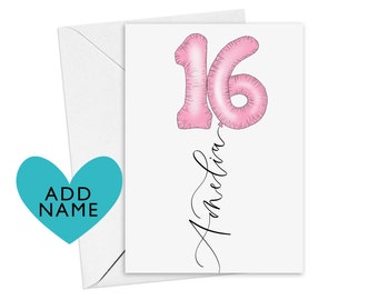 Personalised 16th birthday card | pink 16th birthday balloon with name in calligraphy