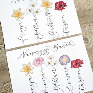 Personalised Family flower print | Family birth flowers print Stem with names created with hand-lettered calligraphy - mothers day gift image 8