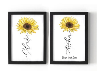 Personalised sunflower print | custom sunflower name print  | Hand-lettered calligraphy