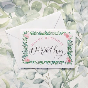 Personalised floral birthday card - name in hand lettered calligraphy- Rose birthday card