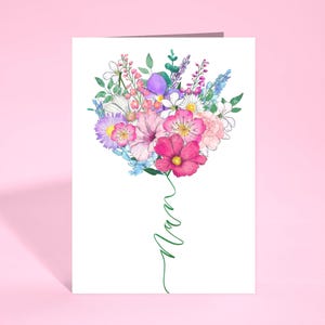 carte pour grand-mère | bouquet de fleurs avec tige de calligraphie | Carte de fête des mères pour petite amie