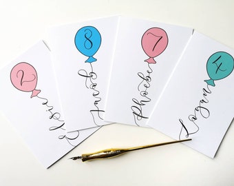 Personalised birthday balloon card with name or age in calligraphy - 1st, 2nd, 3rd, 4th, 5th, 6th, 7th, 8th, 9th, 10th any age birthday card