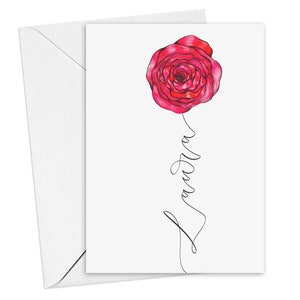 Rote Rose Valentinstag Karte - personalisiert mit Name in handbeschrifteter Kalligraphie