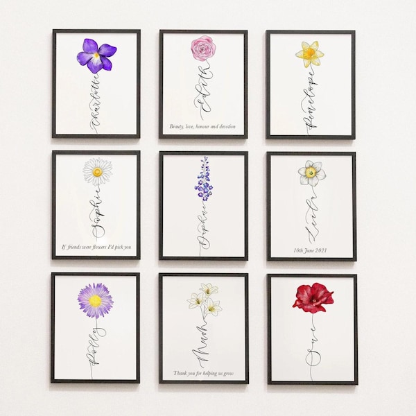 Personalised Birth Flower Print: Custom Birth Month Flower Art, Birthday Gift Print, Floral Name Print, Minimalist Wall Art