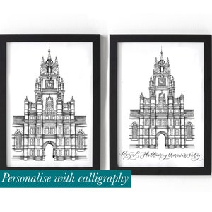 Royal Holloway-universiteitsafdruk - oprichters gebouw illustratie gepersonaliseerd met kalligrafie - Royal Holloway afstudeercadeau klas van 2025