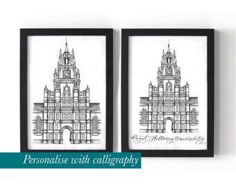 Stampa dell'Università Royal Holloway - Illustrazione dell'edificio dei fondatori personalizzata con calligrafia - Regalo di laurea Royal Holloway classe del 2025