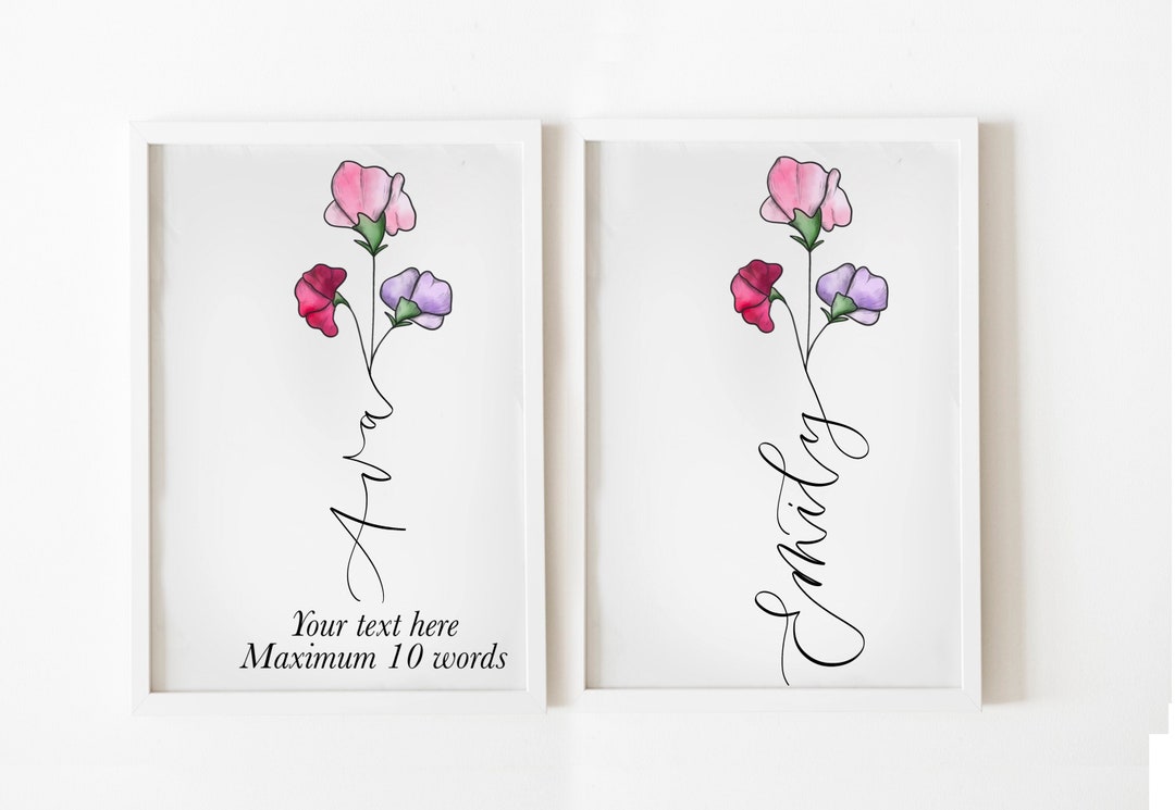 April Birth Flower Print Custom Sweet Peas Flower Name Print Personalised With Calligraphy Sweet