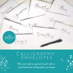 May include: A collection of white envelopes featuring black hand-lettered calligraphy names including Jonny, Jessica, Britta, Ben, Dean, Tom, Louise, Timothy, Alex, and Angie, accompanied by a black calligraphy pen and a teal graphic overlay.