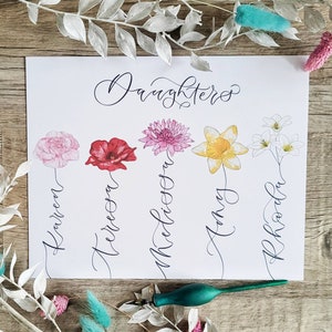 Personalised Family flower print | Family birth flowers print Stem with names created with hand-lettered calligraphy - mothers day gift image 9