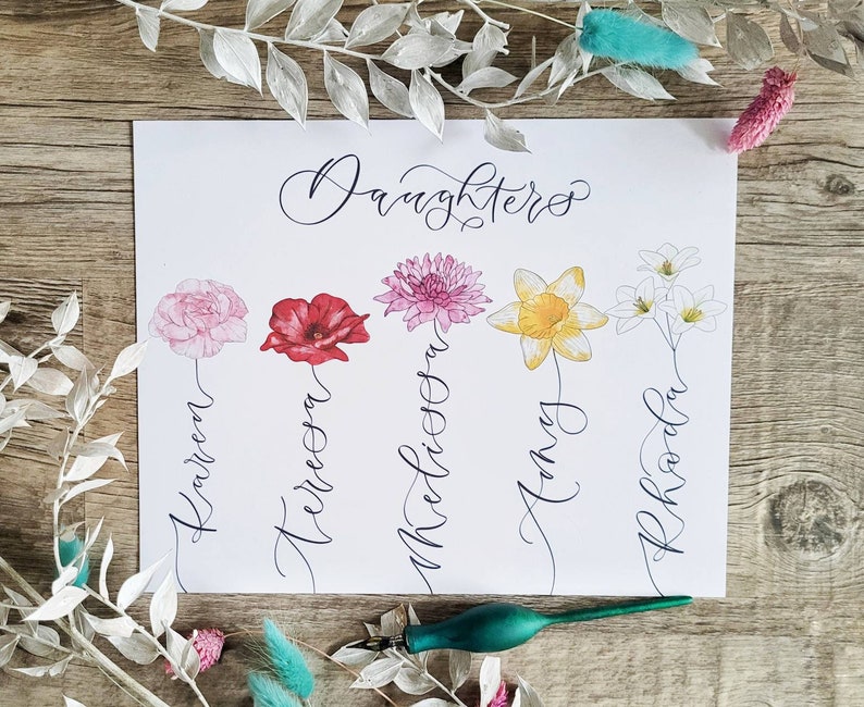 Personalised Family flower print | Family birth flowers print Stem with names created with hand-lettered calligraphy - mothers day gift image 9