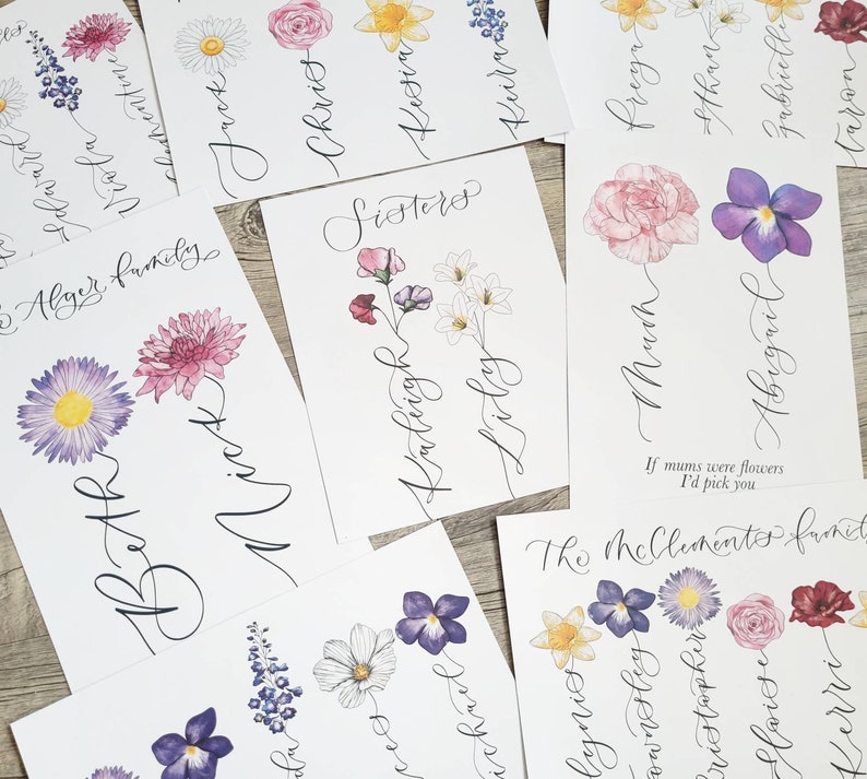 Personalised Family flower print | Family birth flowers print Stem with names created with hand-lettered calligraphy - mothers day gift image 5