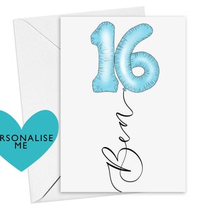 Personalisierte 16.Geburtstagskarte | Luftballon mit Name in blauer Kalligraphie zum 16