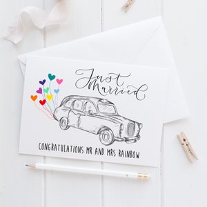 Carte de mariage personnalisée - illustration de voiture de mariage juste marié - ajoutez des noms ou un message personnalisé