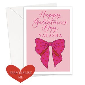 Galentines Tageskarte - Rosa und rote Schleifenkarte - Kartenspiel oder einzelne Karte - Glücklicher galentines Tageskarte mit Namen personalisieren -
