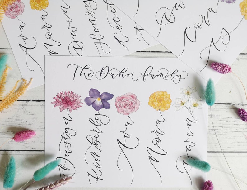 Personalised Family flower print | Family birth flowers print Stem with names created with hand-lettered calligraphy - mothers day gift image 6