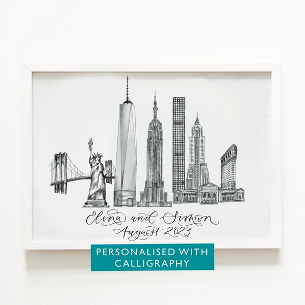 Personalised New York Skyline Print - NYC illustration Personalised with hand lettered calligraphy