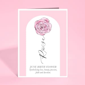 Juni Geburtskarte - rosa Rose - Geburtsmonat Blumenkarte mit Blumenbedeutung - Blumengeburtstagskarte