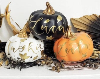 Personalised pumpkin - hand-painted calligraphy mini pumpkins - Black, orange and white mini pumpkins - custom halloween decorations