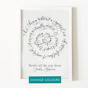 Könnte beinhalten: Schwarz-weiß Typografie-Druck mit einem Zitat über Spiralen. Das Zitat lautet: "Das Ding an einer Spirale ist, dass sie nie wirklich endet. Wenn man ihr nach innen folgt, geht sie einfach weiter." Der Druck enthält auch den Text "Turtles all the way down" und "John Green".