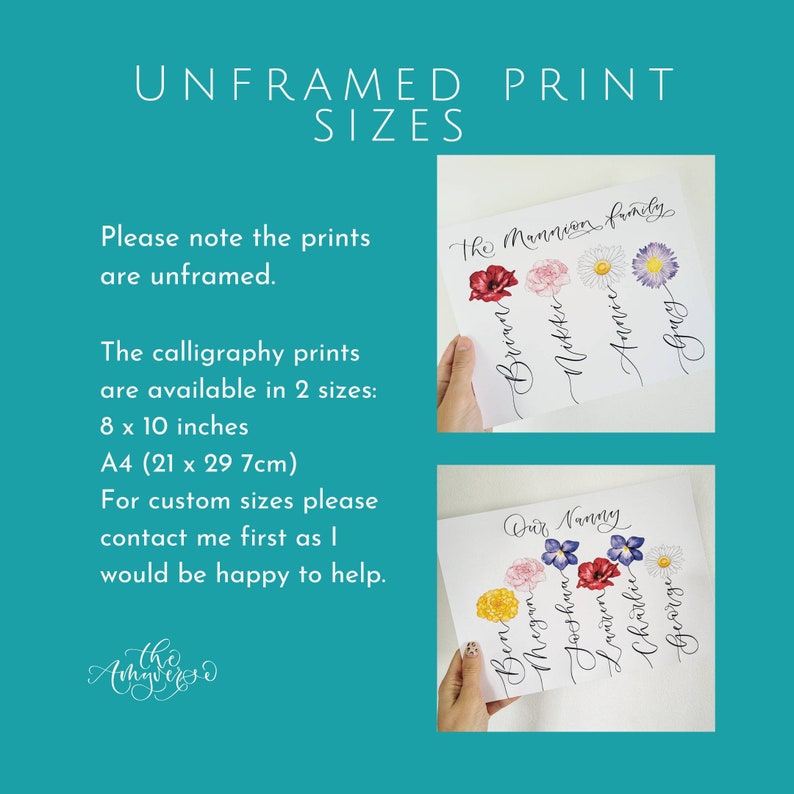 Personalised Family flower print | Family birth flowers print Stem with names created with hand-lettered calligraphy - mothers day gift image 3